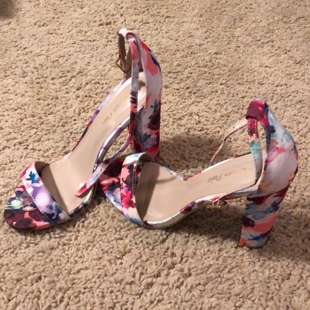 Floral block strappy heels